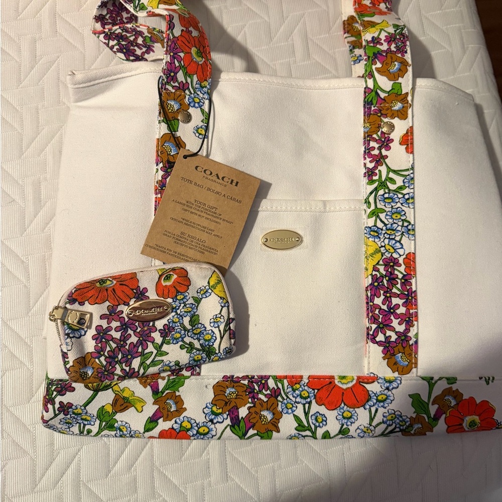 Coach White Tote with Colorful Floral Design